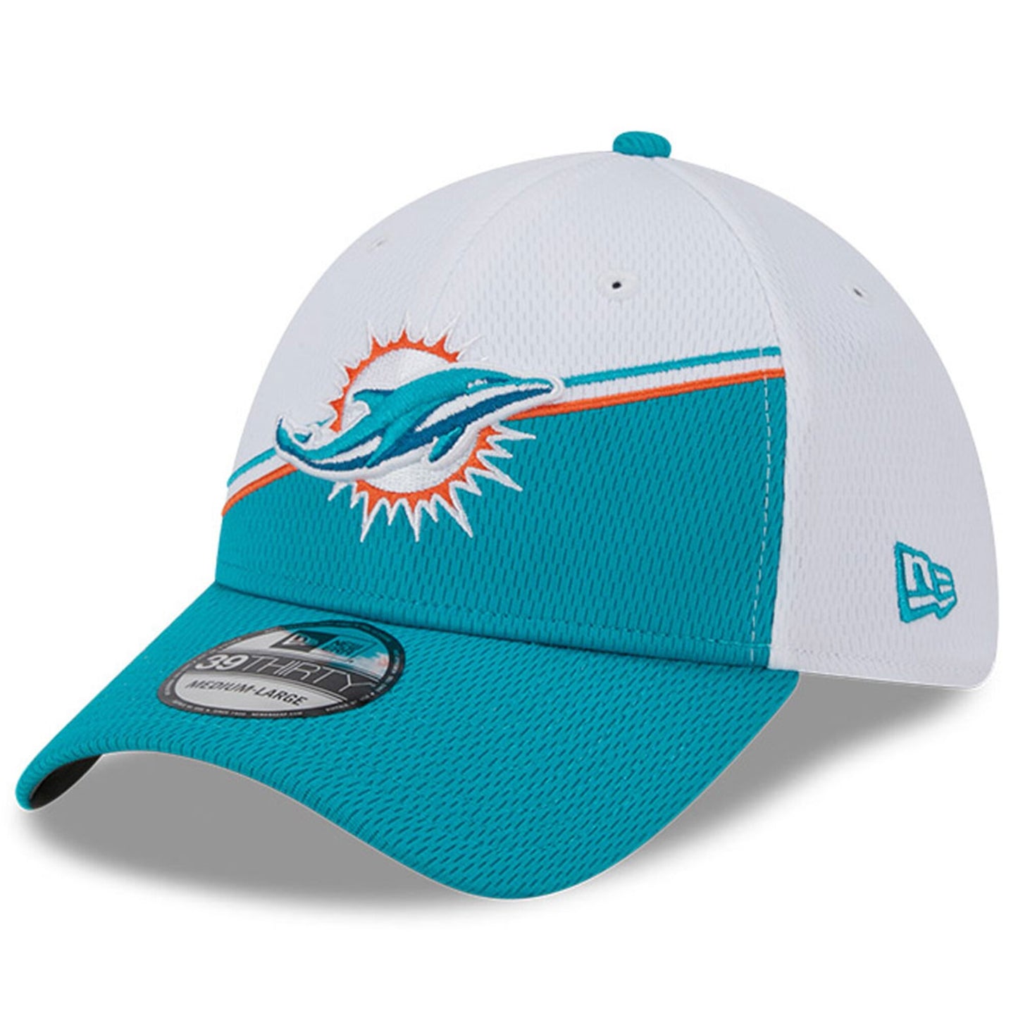 Men's Miami Dolphins Primary Logo New Era White/Aqua 2023 Sideline 39THIRTY Flex Hat