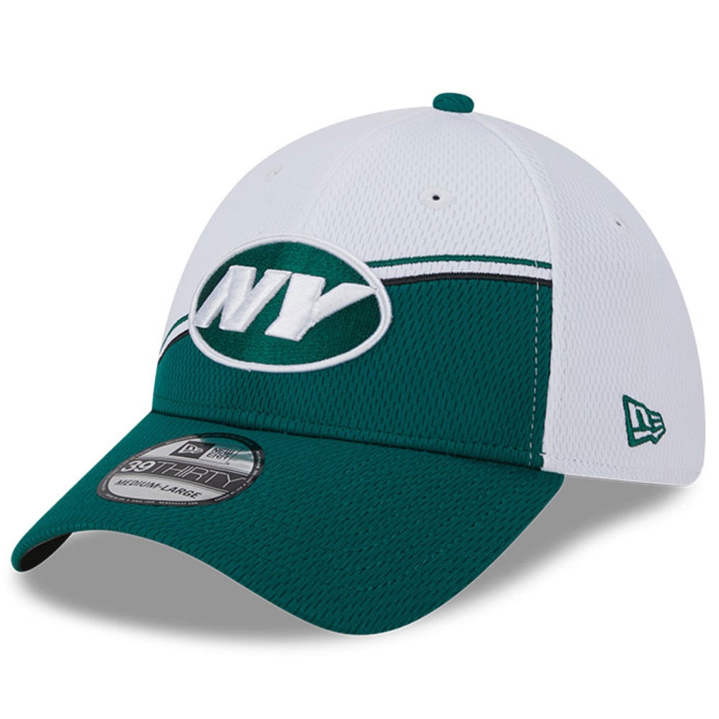 Men's New York Jets Primary Logo New Era White/Green 2023 Sideline 39THIRTY Flex Hat