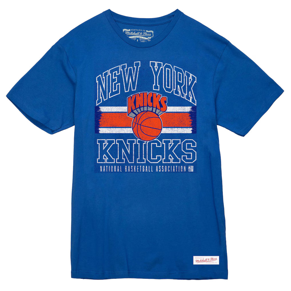 New York Knicks Mitchell & Ness Striped Logo Lockup Premium T-Shirt - Royal