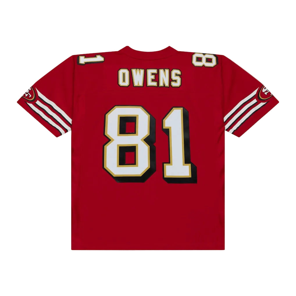 A red football jersey shown from the back, featuring the name OWENS and the number 81 in white with black and gold outlines. The sleeves have white stripes, and the number 88 is visible on the upper right shoulder.