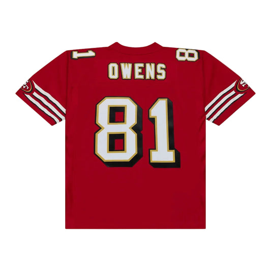 A red football jersey shown from the back, featuring the name OWENS and the number 81 in white with black and gold outlines. The sleeves have white stripes, and the number 88 is visible on the upper right shoulder.