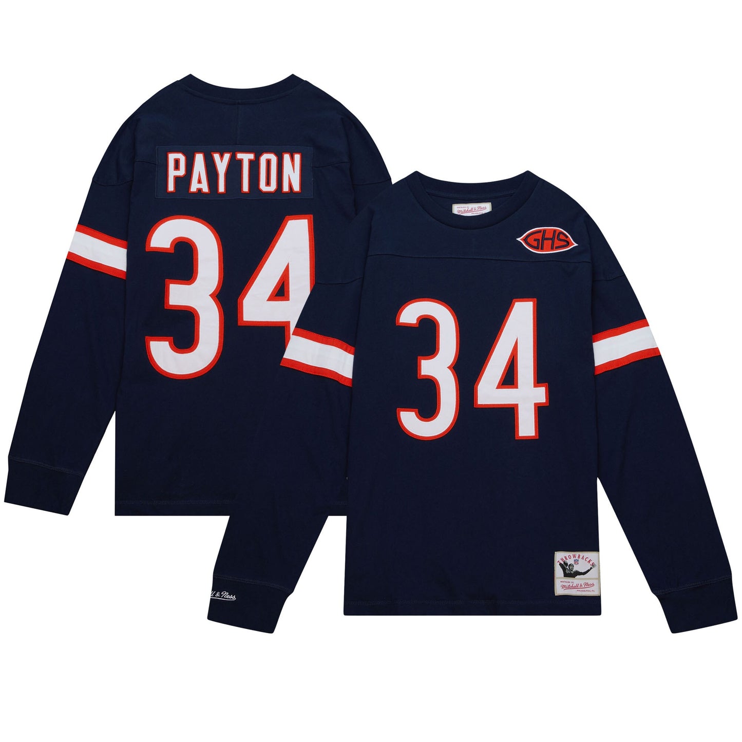 Men's Chicago Bears Walter Payton Mitchell & Ness Navy Throwback Name & Number Long Sleeve T-Shirt