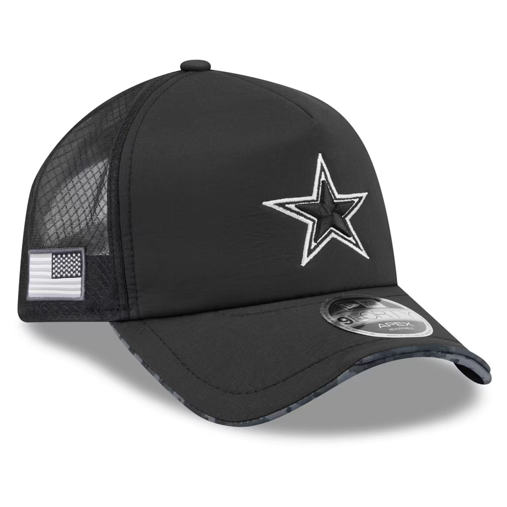 Dallas Cowboys New Era 2026 Salute To Service Apex 9FORTY Bearhead Logo Adjustable Trucker Hat - Black