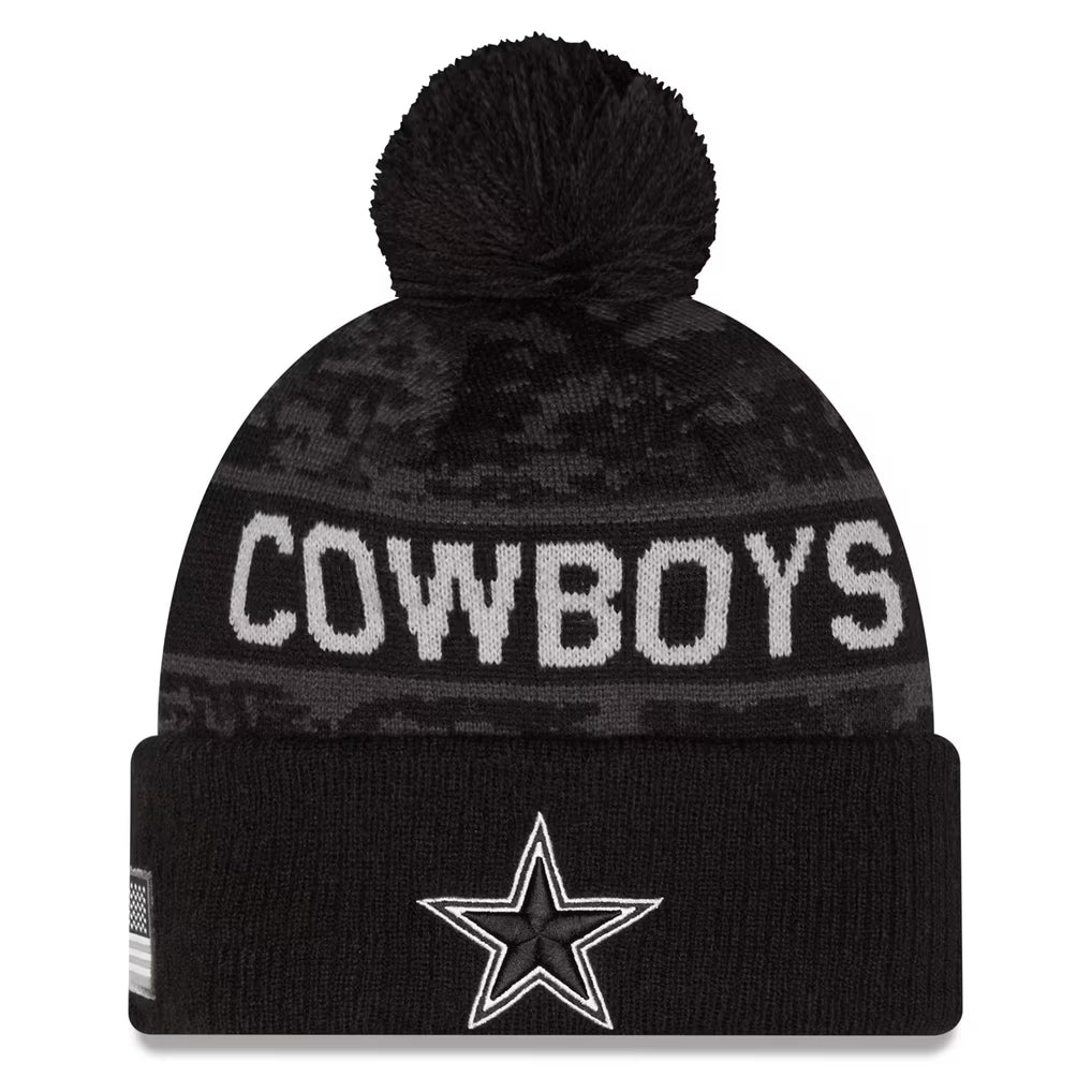 Men's Dallas Cowboys New Era Black 2026 Salute To Service Cuffed Knit Hat with Pom