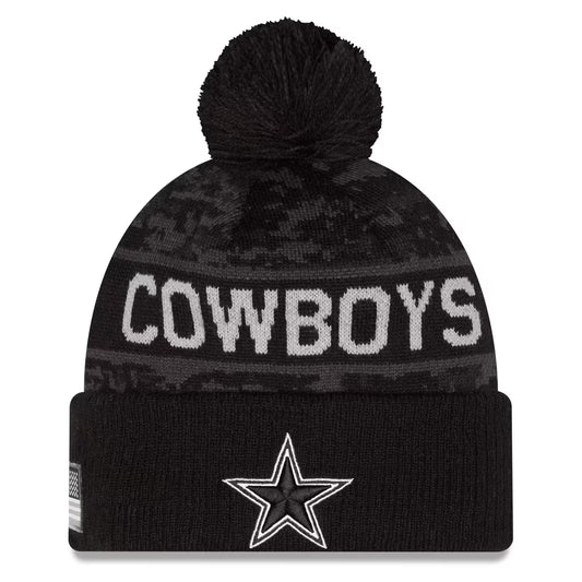 Men's Dallas Cowboys New Era Black 2026 Salute To Service Cuffed Knit Hat with Pom