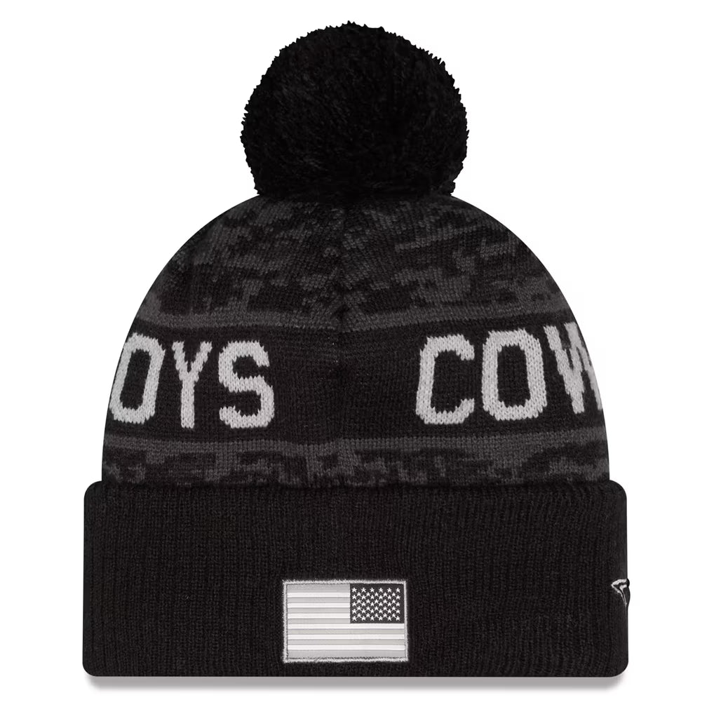 Men's Dallas Cowboys New Era Black 2026 Salute To Service Cuffed Knit Hat with Pom