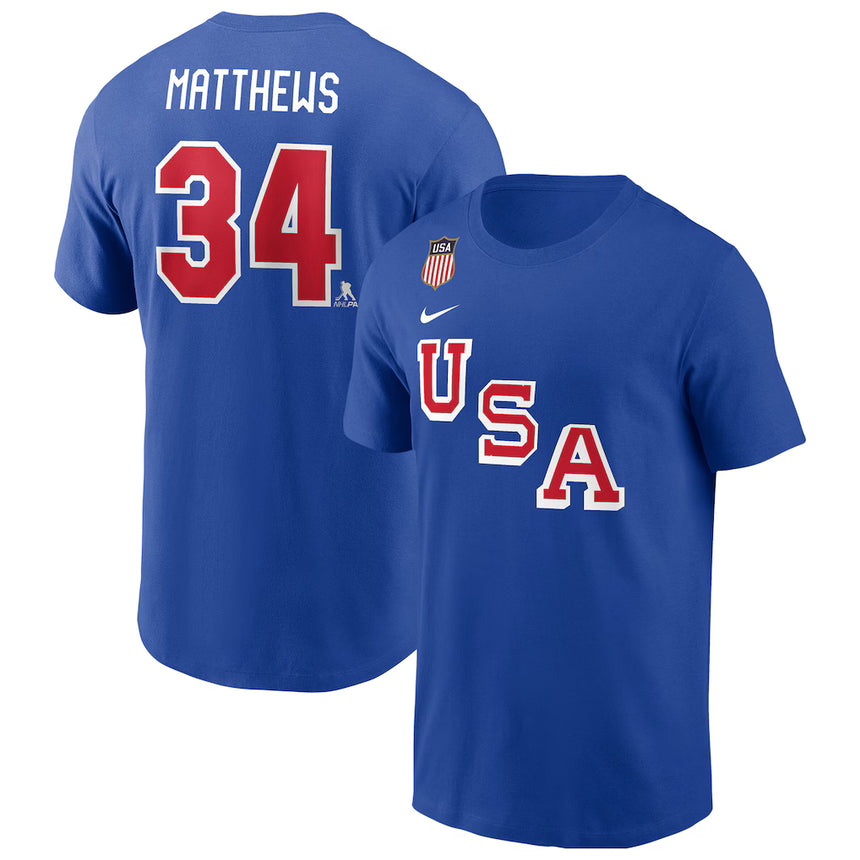 Men's Nike Auston Matthews Royal USA Hockey 2026 Name & Number T-Shirt - Pro Jersey Sports