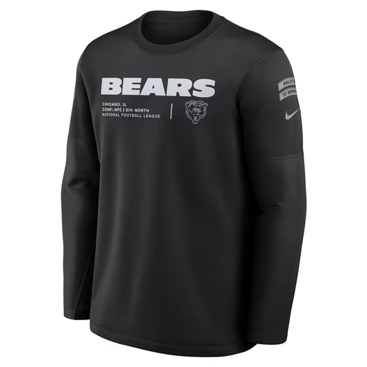 Chicago Bears Nike 2026 Salute to Service Sideline Black Forward Progress Coaches Crewneck Therma-FIT Sweatshirt