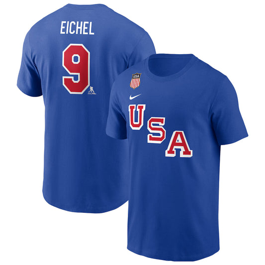 Men's Nike Jack Eichel Royal USA Hockey 2026 Name & Number T-Shirt