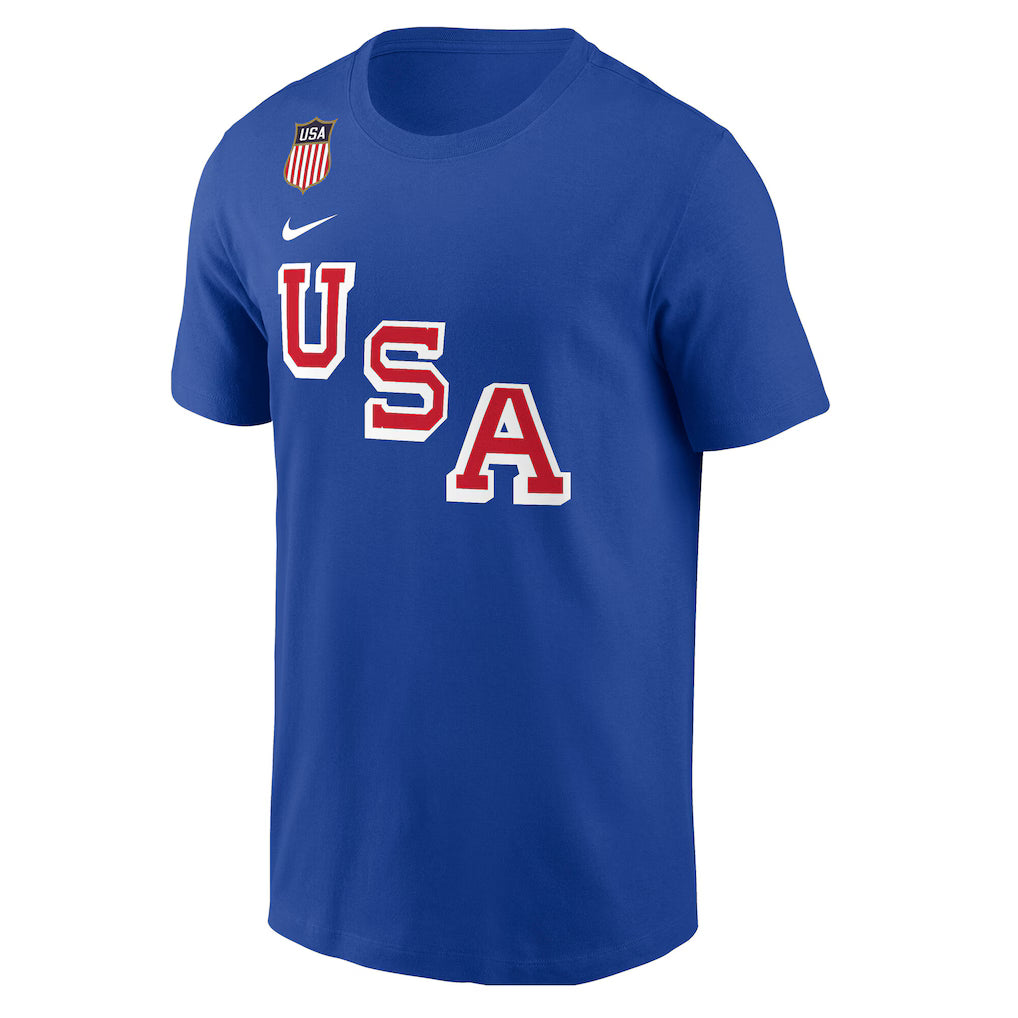 Men's Nike Jack Eichel Royal USA Hockey 2026 Name & Number T-Shirt