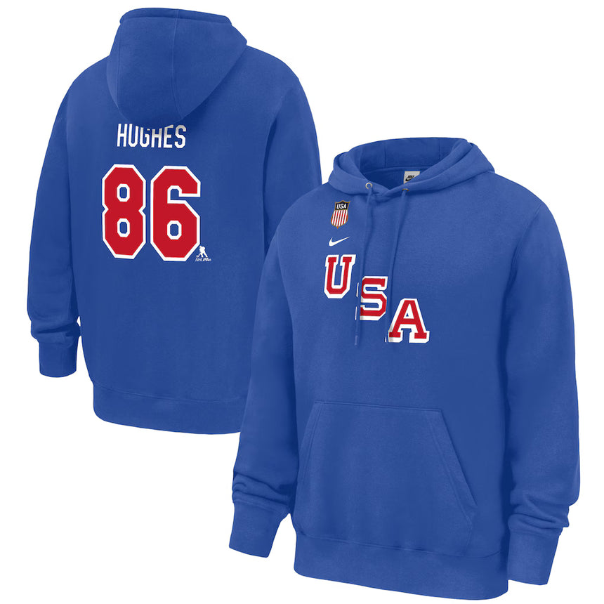 Men's Nike Jack Hughes Royal USA Hockey 2026 Name & Number Hoodie - Pro Jersey Sports