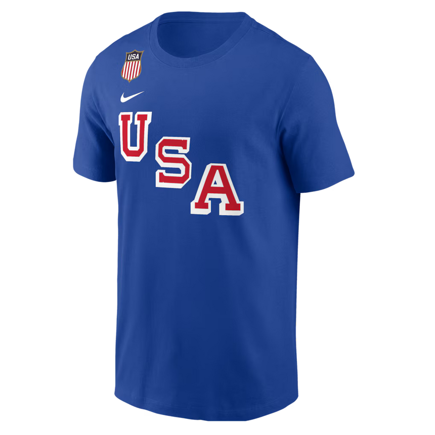 Men's Nike Quinn Hughes Royal USA Hockey 2026 Name & Number T-Shirt - Pro Jersey Sports