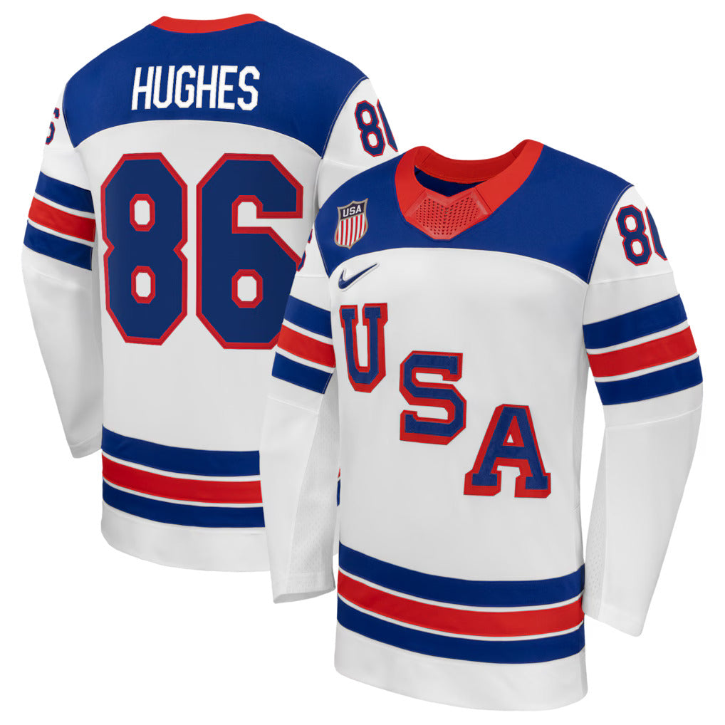 Men's Team USA Hockey Nike Jack Hughes #86 White Replica Jersey