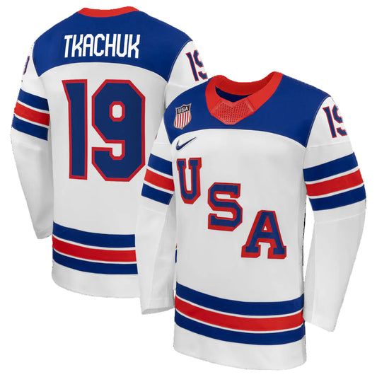 Men's Team USA Hockey Nike Matthew Tkachuk #19 White Replica Jersey