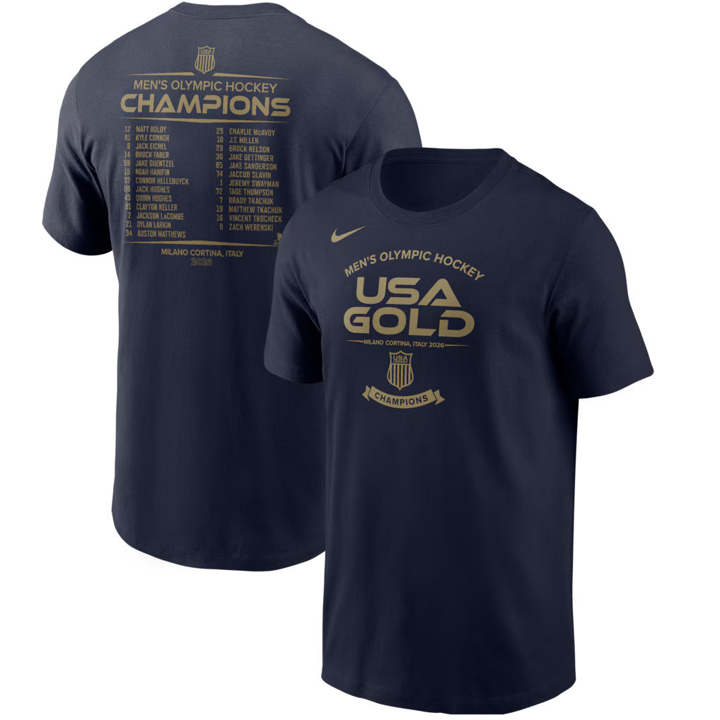 Men's USA Hockey Nike 2026 Winter Olympics Gold Medal Roster T-Shirt - Navy - Pro Jersey Sports