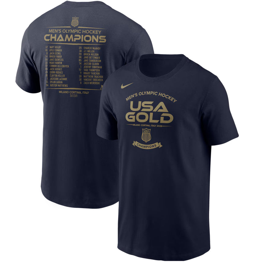Men's USA Hockey Nike 2026 Winter Olympics Gold Medal Roster T-Shirt - Navy - Pro Jersey Sports