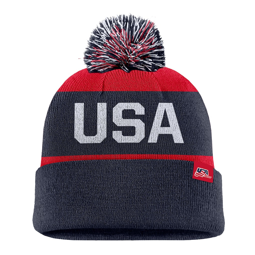 Men's USA Hockey Nike Peak Stripe Tri-Blend Cuffed Knit Hat with Pom - Navy