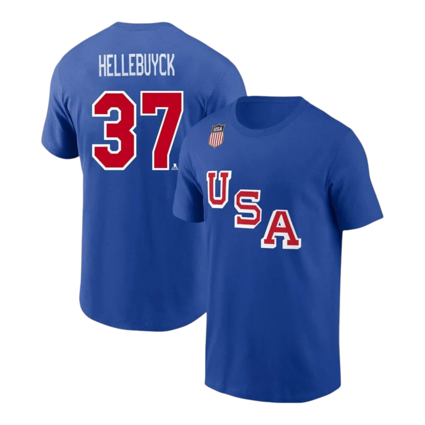 Men's Nike Connor Hellebuyck Royal USA Hockey 2026 Name & Number T-Shirt - Pro Jersey Sports