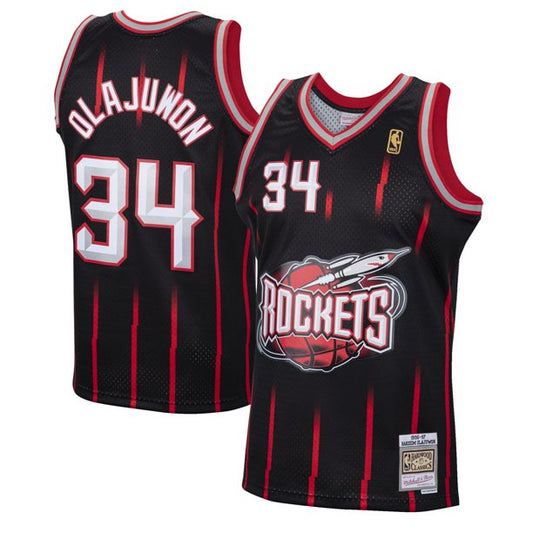 Men's Hakeem Olajuwon Houston Rockets Mitchell & Ness 1996-97 Hardwood Classics Reload Jersey – Black