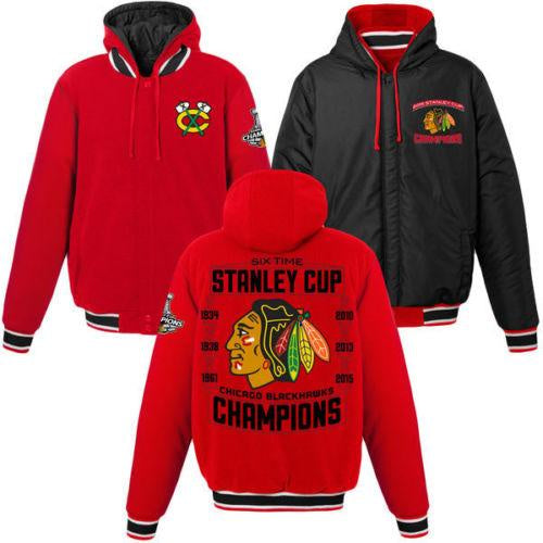 Mens Chicago Blackhawks 2015 Stanley Cup Champions Hooded Reversible Jacket