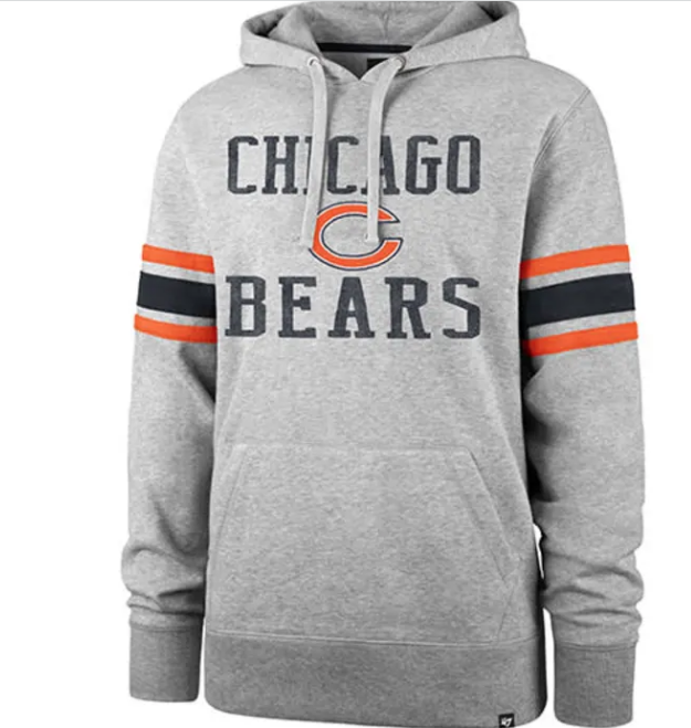 Mens Chicago Bears Grey '47 Brand Double Block Sleeve Stripe Hoodie