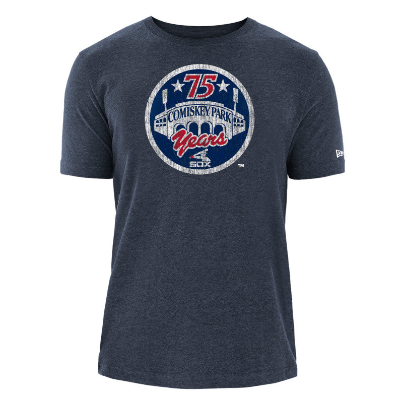 Men's Chicago White Sox Heather Navy Cooperstown Collection Comiskey Park 75th Anniversary Distressed Logo New Era Tee