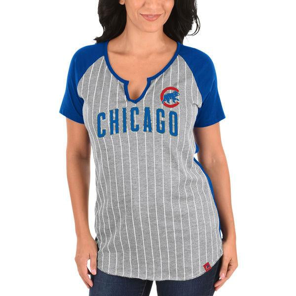 Women's Chicago Cubs Majestic Gray/Royal From the Stretch V-Notch T-Shirt