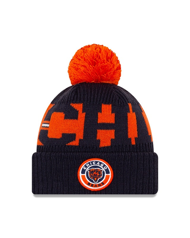 Men's Chicago Bears New Era Navy/Orange Historic Logo 2020 NFL Sideline Official Sport Pom Cuffed Knit Hat