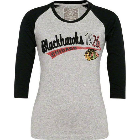 Old Time Hockey Chicago Blackhawks Ladies Ash-Black Ingrid Raglan 3/4 Length Sleeve Premium T-shirt - Pro Jersey Sports