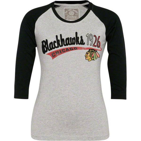 Old Time Hockey Chicago Blackhawks Ladies Ash-Black Ingrid Raglan 3/4 Length Sleeve Premium T-shirt - Pro Jersey Sports
