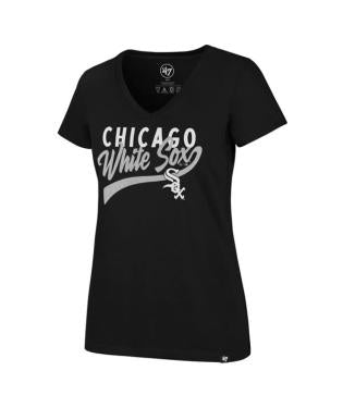 Women's Chicago White Sox '47 Brand Glitter Rush Jet Black Super Rival V-Neck Tee