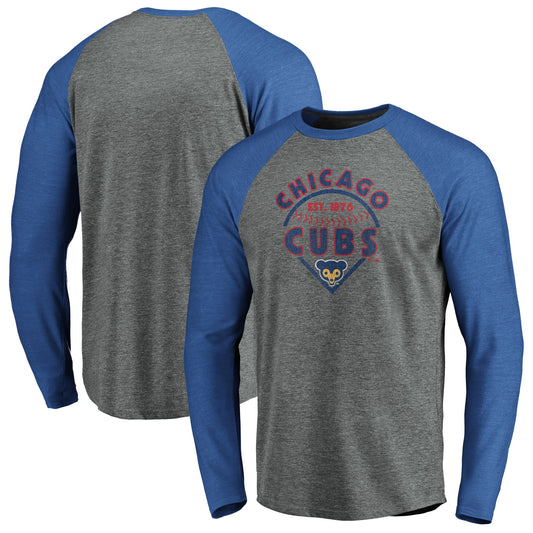 Men's Chicago Cubs Fanatics Branded Gray/Royal True Classics Outfield Arc Raglan Long Sleeve T-Shirt