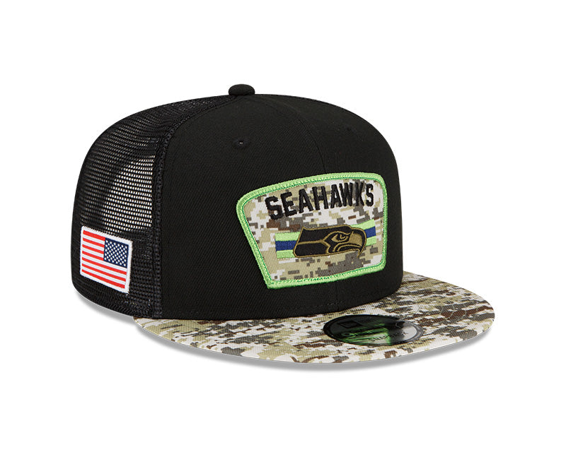 Men's Seattle Seahawks New Era Black/Camo 2021 NFL Salute To Service Trucker 9FIFTY Snapback Adjustable Hat