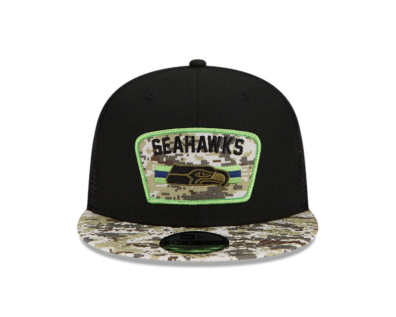Men's Seattle Seahawks New Era Black/Camo 2021 NFL Salute To Service Trucker 9FIFTY Snapback Adjustable Hat