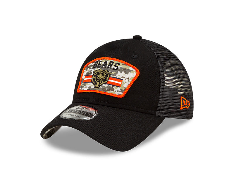 Men's Chicago Bears Historic Logo New Era Black/Camo 2021 NFL Salute To Service Trucker 9TWENTY Adjustable Hat