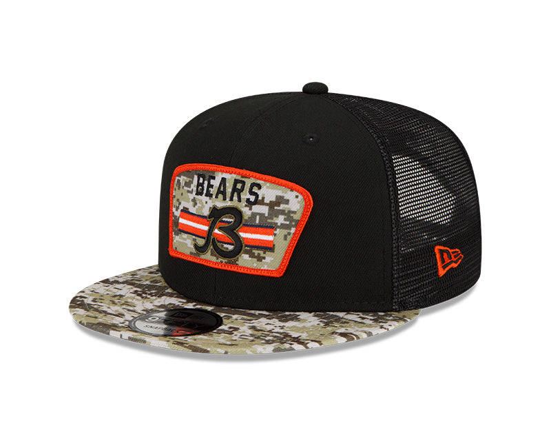 Men's Chicago Bears B Logo New Era Black/Camo 2021 NFL Salute To Service Trucker 9FIFTY Snapback Adjustable Hat
