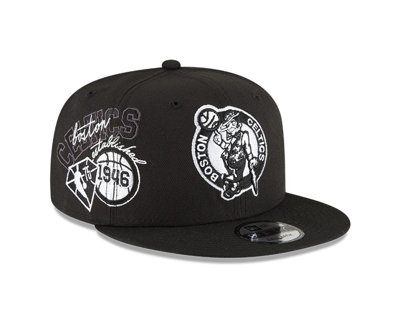 Mens Boston Celtics NBA 2022 Back Half New Era Black And White 9FIFTY Snapback Hat