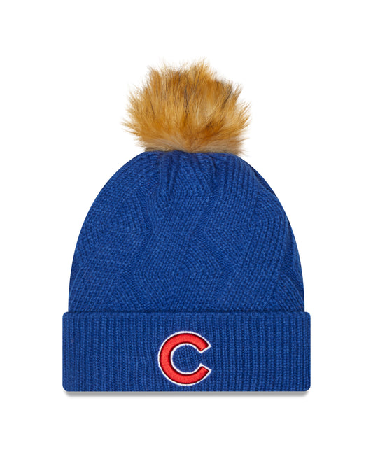 Women's Chicago Cubs New Era Royal Snowy Cuffed Knit Hat with Pom