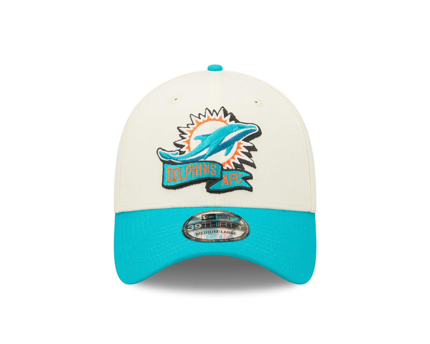 Men's Miami Dolphins New Era Cream/Aqua 2022 Sideline 39THIRTY Flex Hat