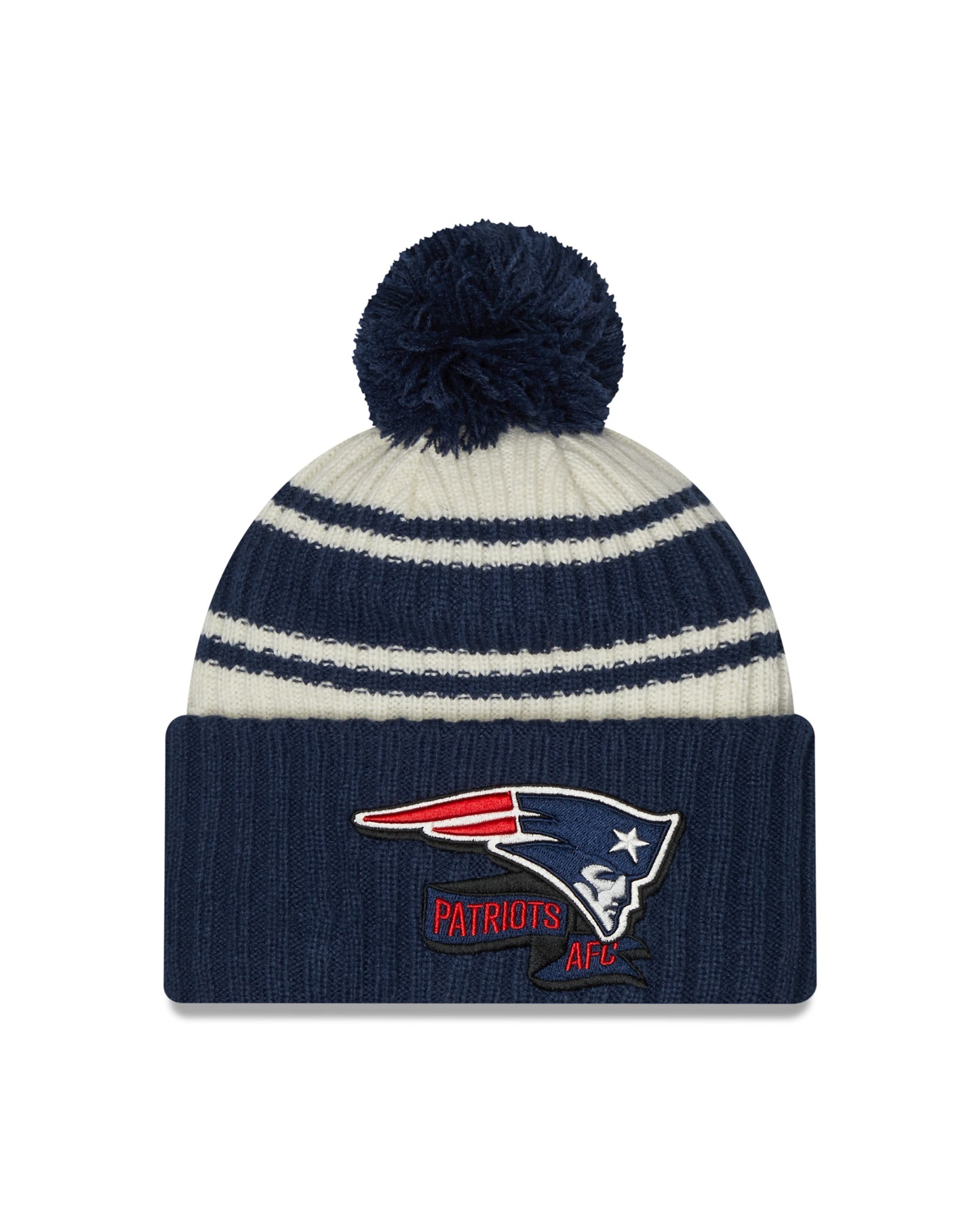 New England Patriots New Era Navy 2022 NFL Sideline Sport Pom Cuffed Knit Hat