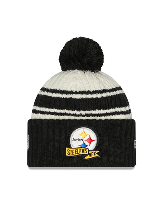 Pittsburgh Steelers New Era Black 2022 NFL Sideline Sport Pom Cuffed Knit Hat