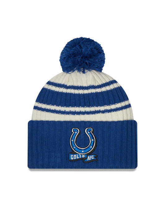 Indianapolis Colts New Era Blue 2022 NFL Sideline Sport Pom Cuffed Knit Hat