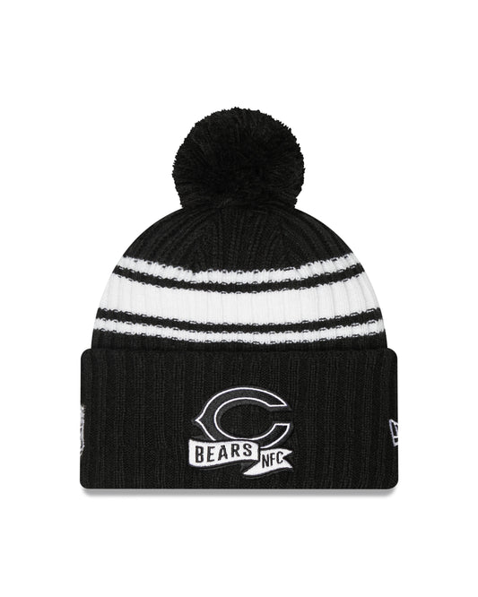 Chicago Bears New Era Black & White Primary Logo 2022 NFL Sideline Sport Pom Cuffed Knit Hat