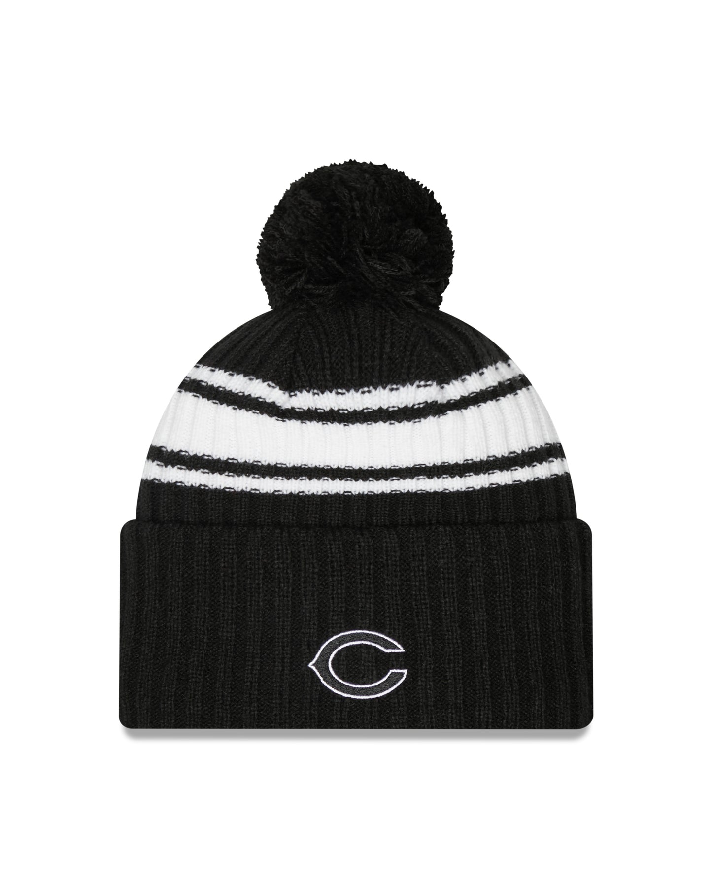 Chicago Bears New Era Black & White Primary Logo 2022 NFL Sideline Sport Pom Cuffed Knit Hat