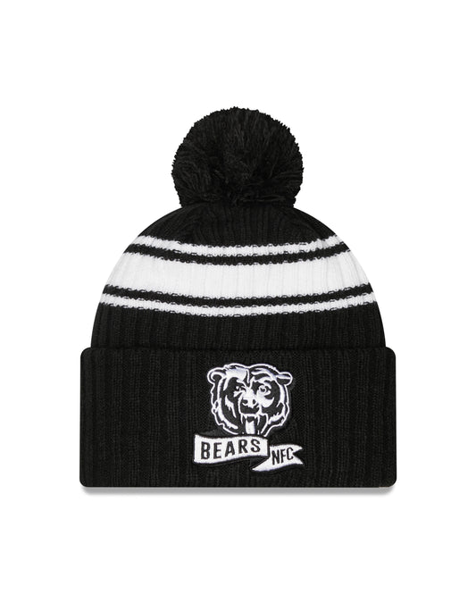 Chicago Bears New Era Black & White Historic Logo 2022 NFL Sideline Sport Pom Cuffed Knit Hat