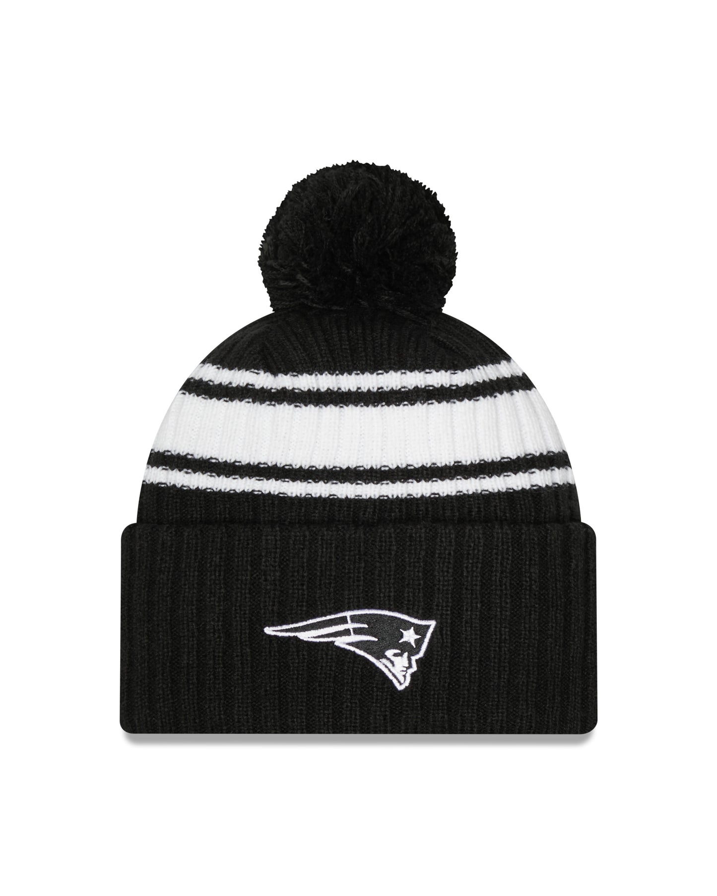 New England Patriots New Era Black & White 2022 NFL Sideline Sport Pom Cuffed Knit Hat