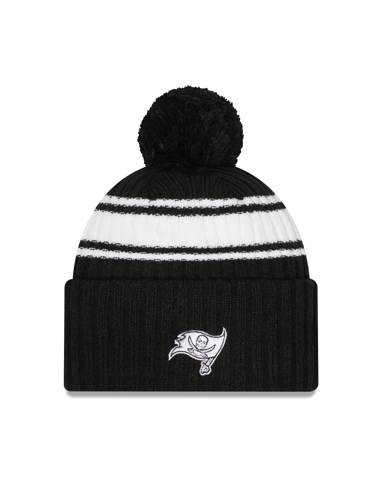 Tampa Bay Buccaneers New Era Black & White 2022 NFL Sideline Sport Pom Cuffed Knit Hat