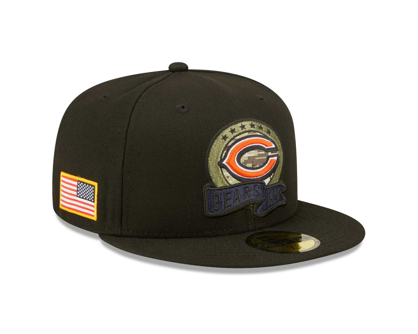 Chicago Bears 2022 Sideline Salute To Service Primary Logo Black New Era 59FIFTY Fitted Hat