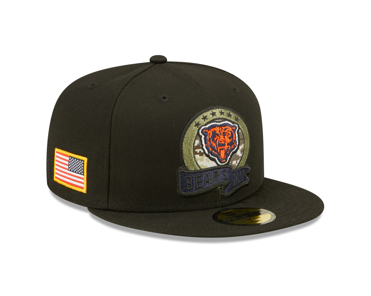 Chicago Bears 2022 Sideline Salute To Service Historic Logo Black New Era 59FIFTY Fitted Hat