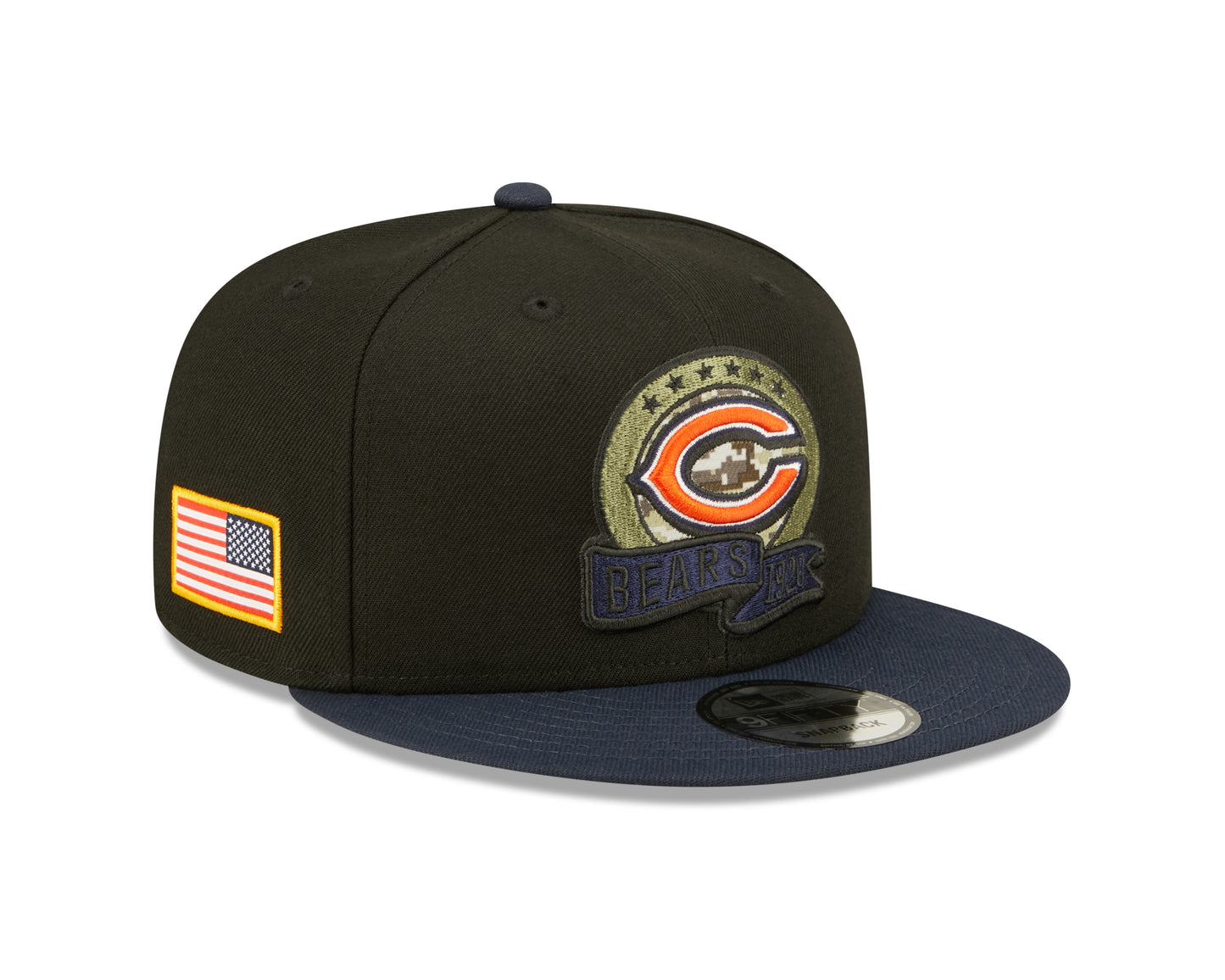 Men's Chicago Bears New Era Black/Navy 2022 Salute To Service NFL Sideline Primary Logo 9FIFTY Snapback Adjustable Hat